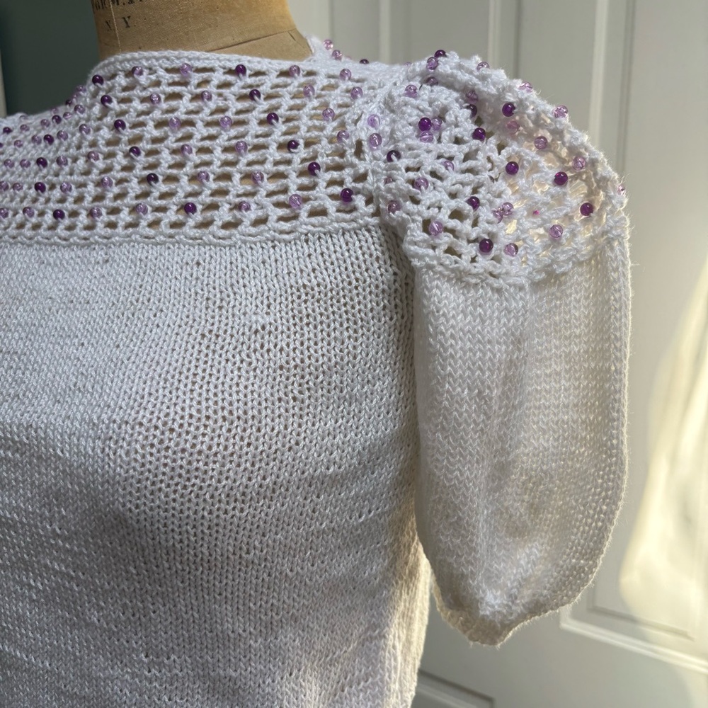 Hand Crafted White Sweater with Purple Accents - Picture 2 of 5